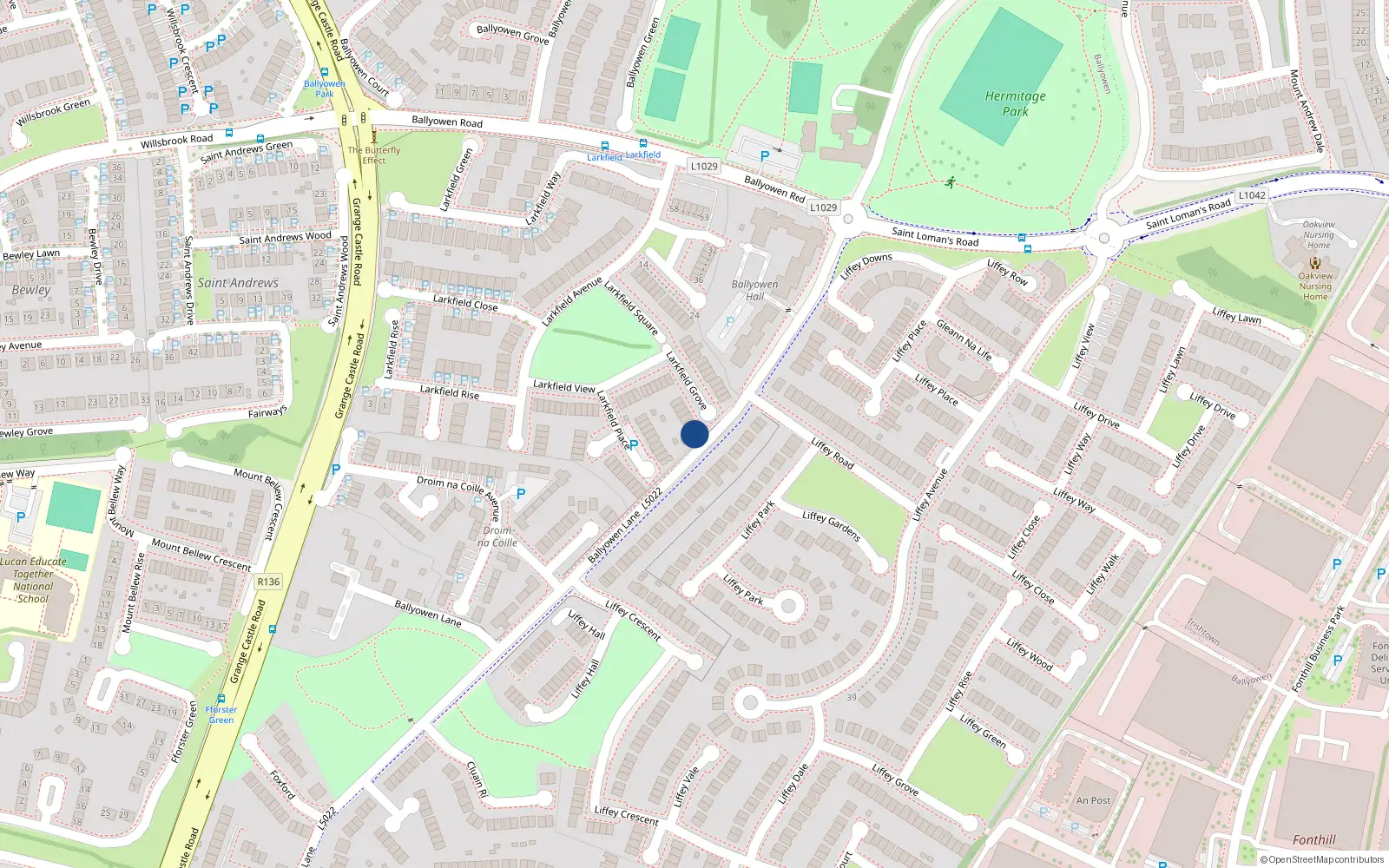Overhead map showing the location of 14 Larkfield Grove, Lucan