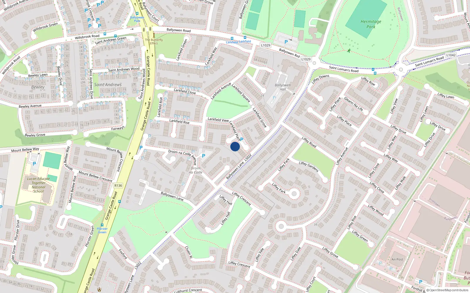 Overhead map showing the location of 14 Larkfield Place, Lucan