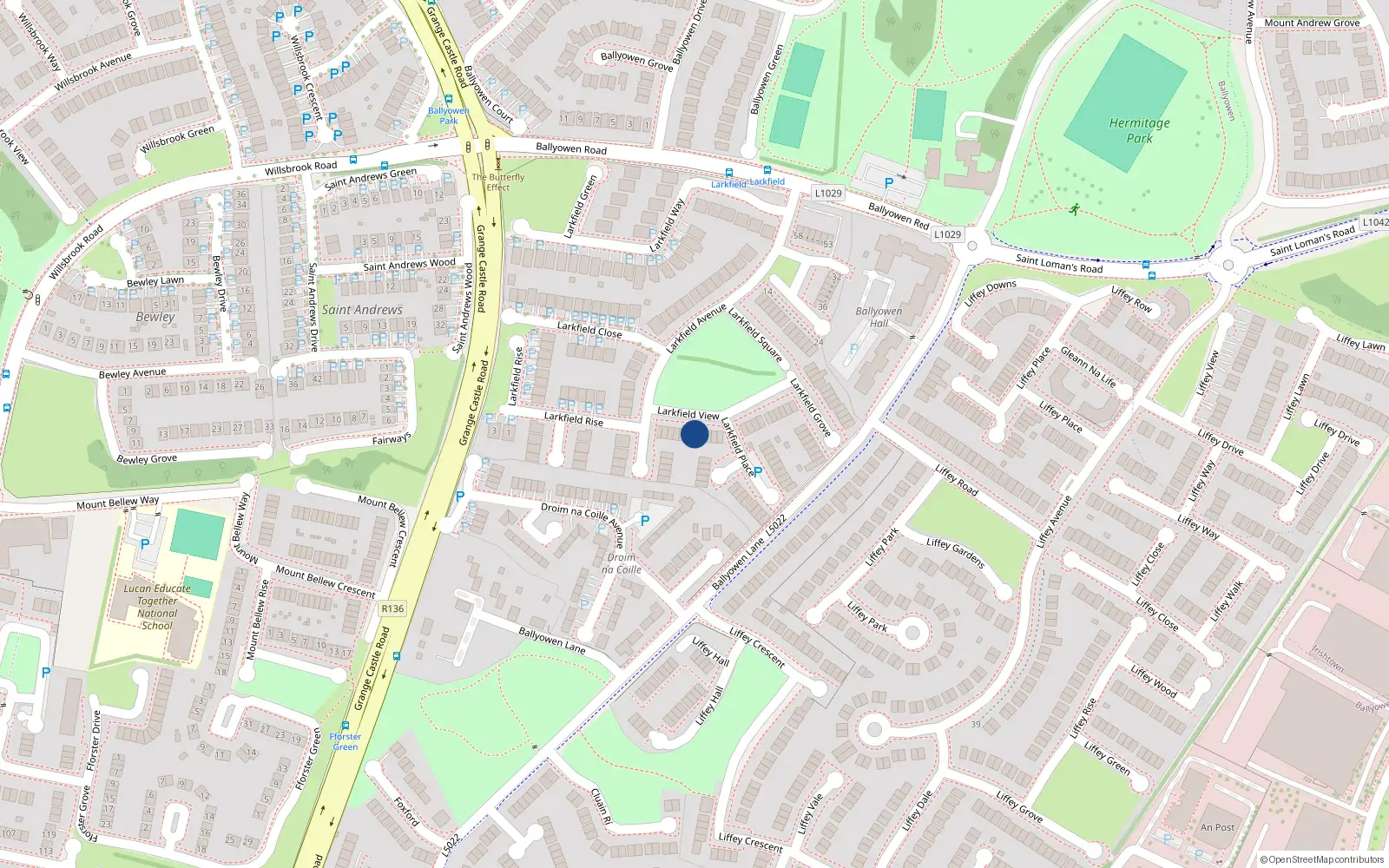 Overhead map showing the location of 14 Larkfield View, Lucan, Dublin