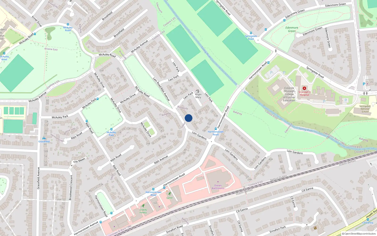 Overhead map showing the location of 14 Lein Road, Dublin 5