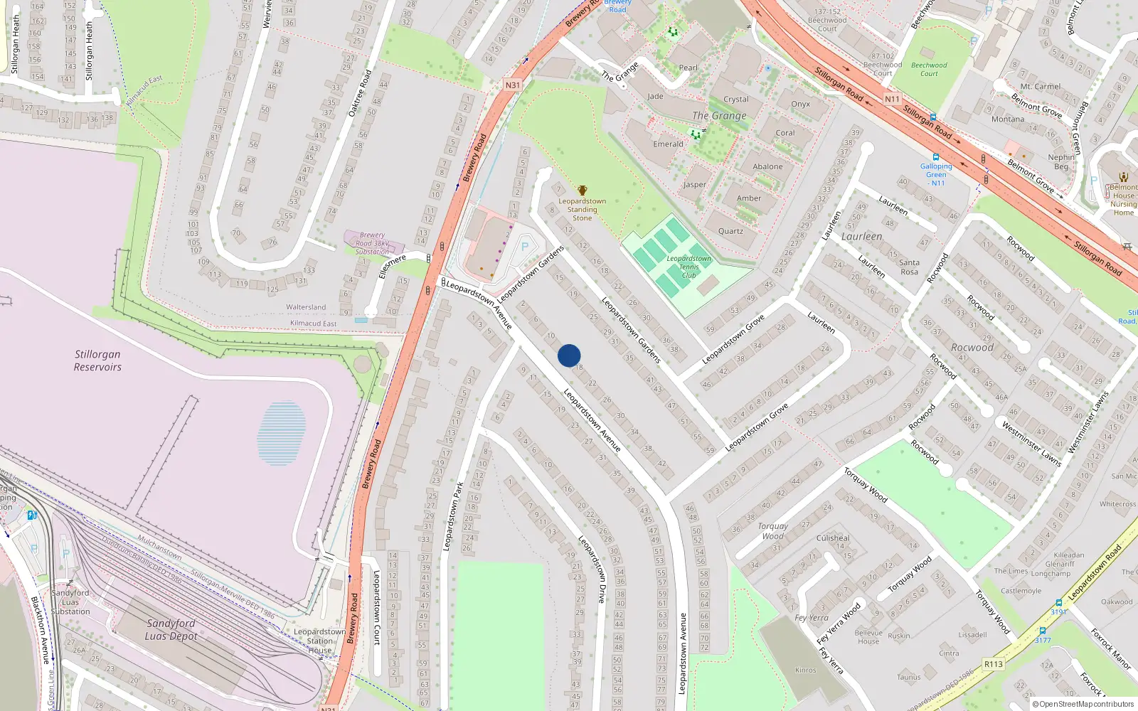 Overhead map showing the location of 14 Leopardstown Avenue, Dublin