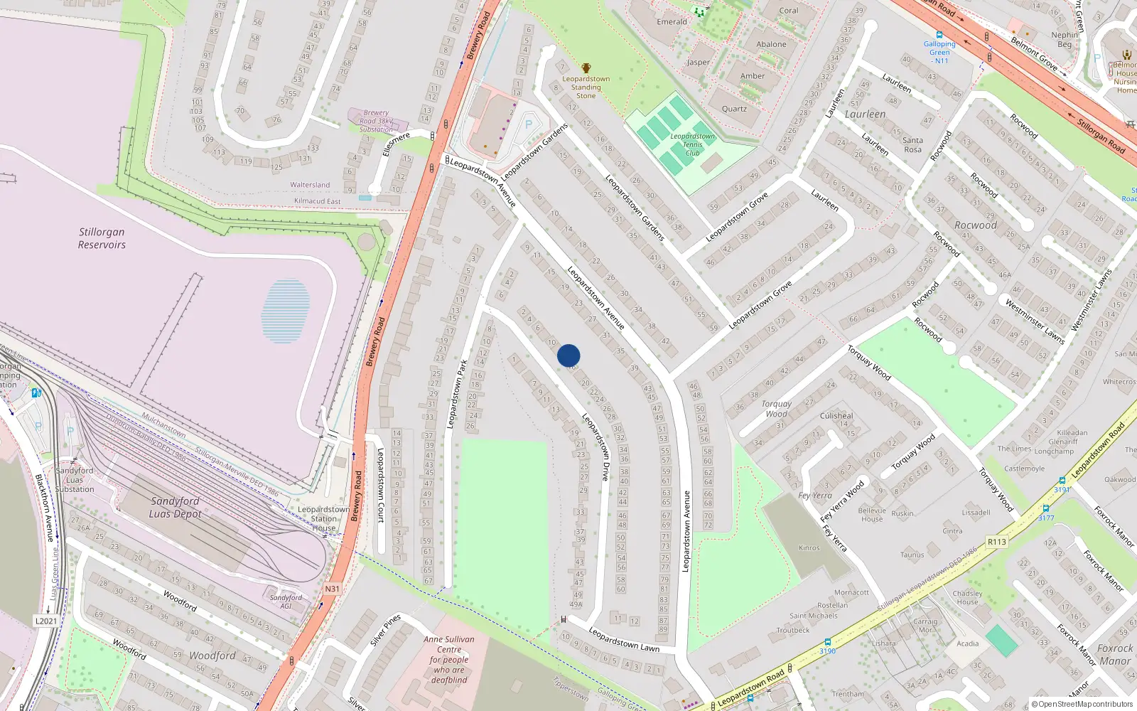 Overhead map showing the location of 14 Leopardstown Drive, Dublin