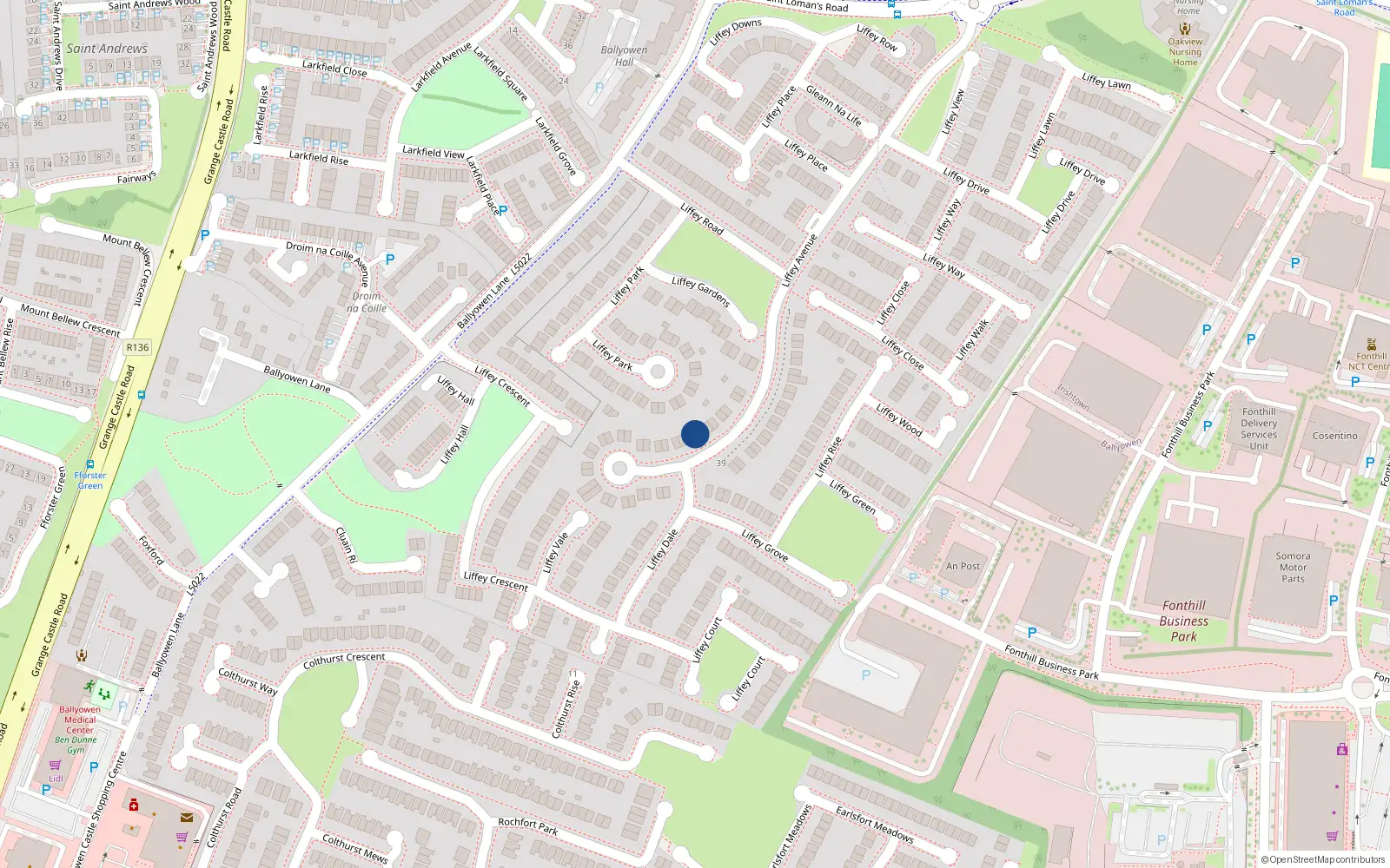 Overhead map showing the location of 14 Liffey Avenue, Lucan