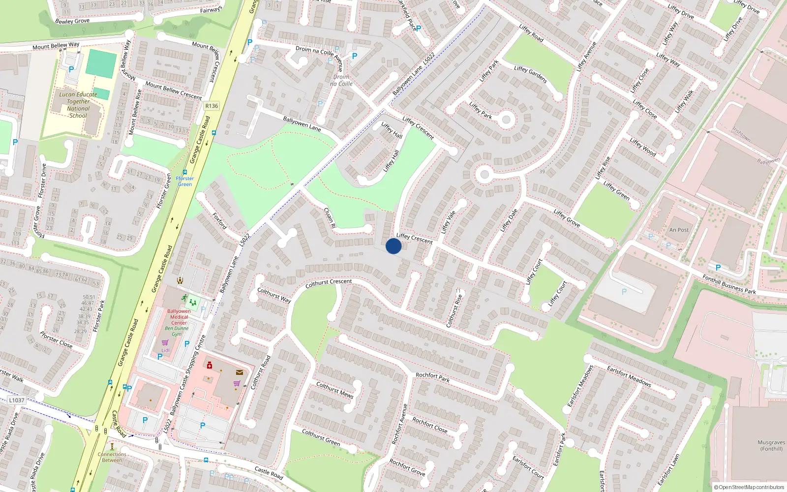 Overhead map showing the location of 14 Liffey Crescent, Lucan