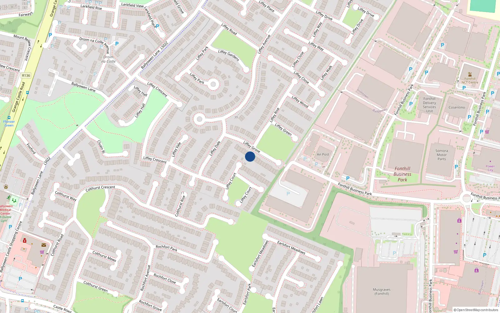 Overhead map showing the location of 14 Liffey Grove, Lucan