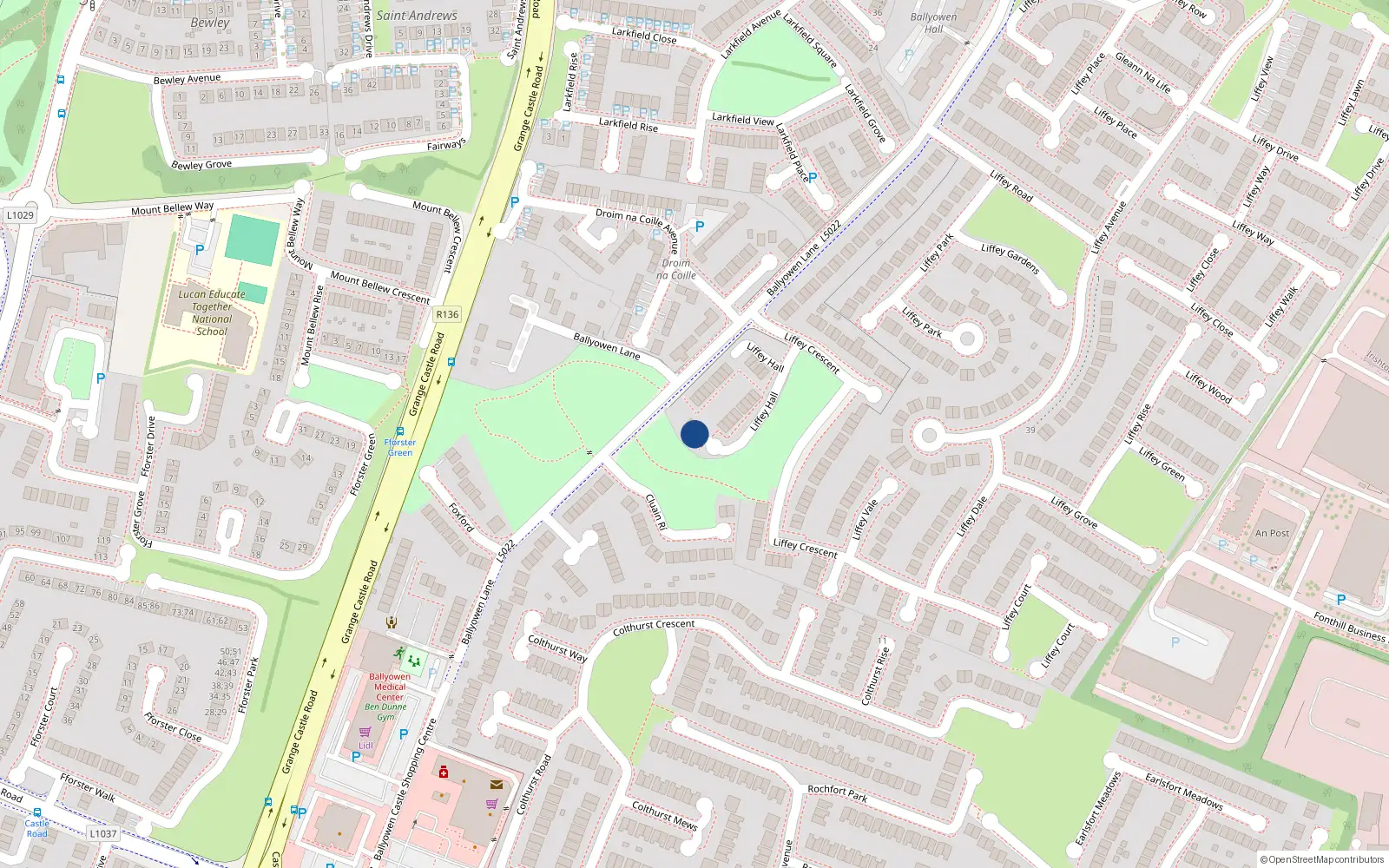 Overhead map showing the location of 14 Liffey Hall, Lucan, Dublin