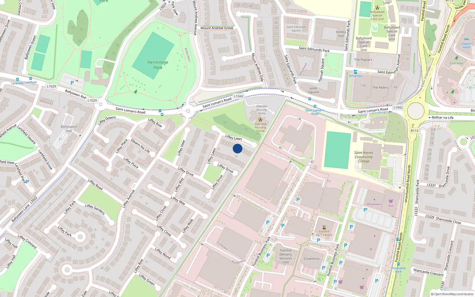 Overhead map showing the location of 14 Liffey Lawn, Lucan