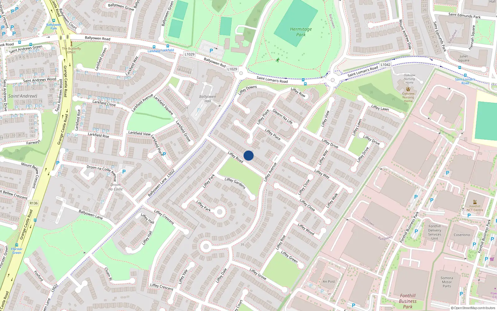 Overhead map showing the location of 14 Liffey Road, Lucan