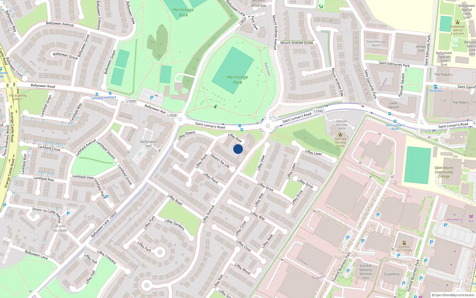 Overhead map showing the location of 14 Liffey Row, Lucan