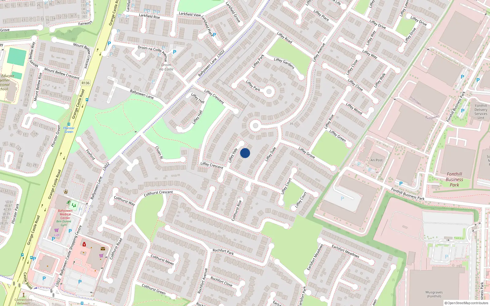 Overhead map showing the location of 14 Liffey Vale, Lucan