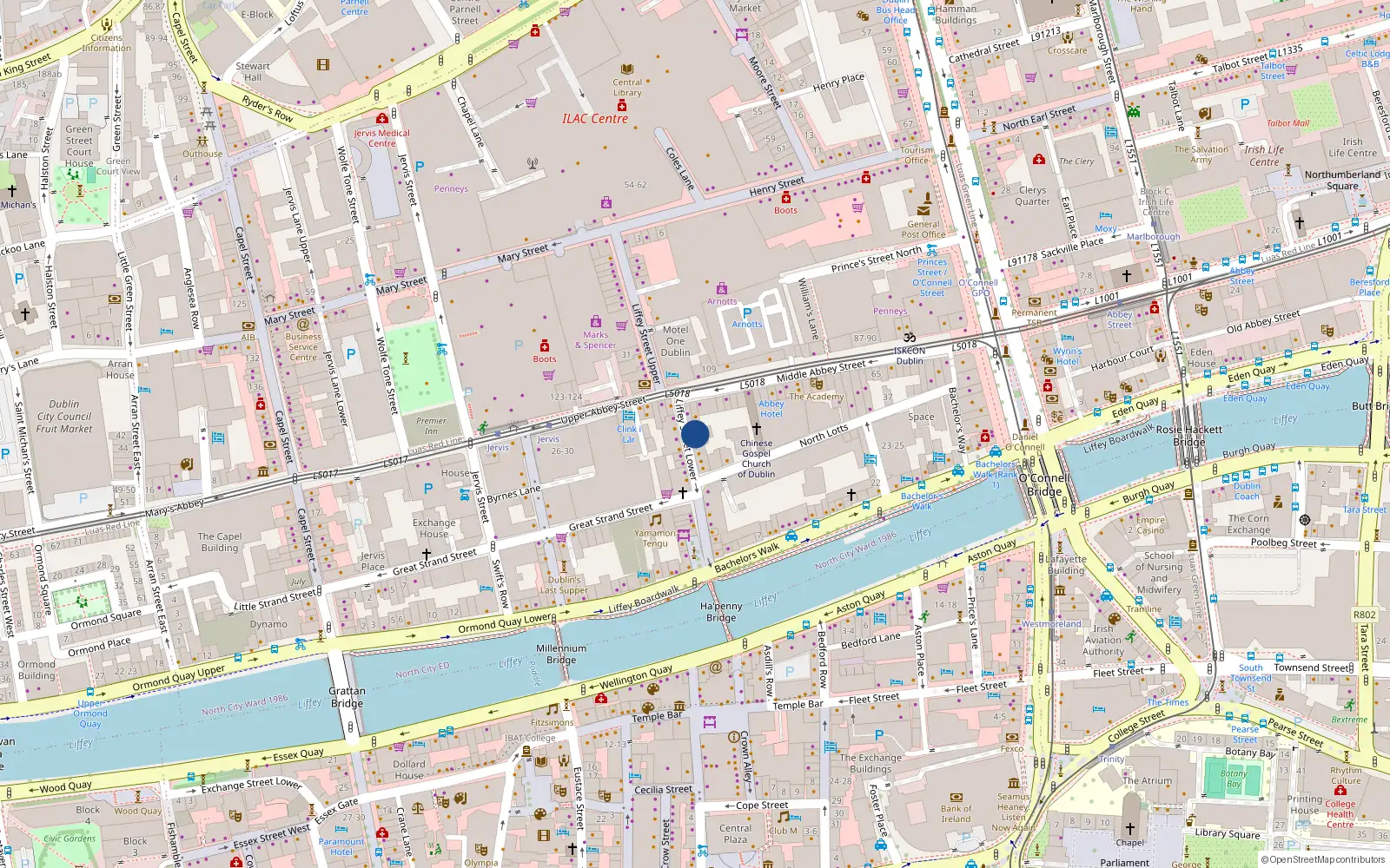 Overhead map showing the location of 14 Liffey Street Lower, Dublin 1