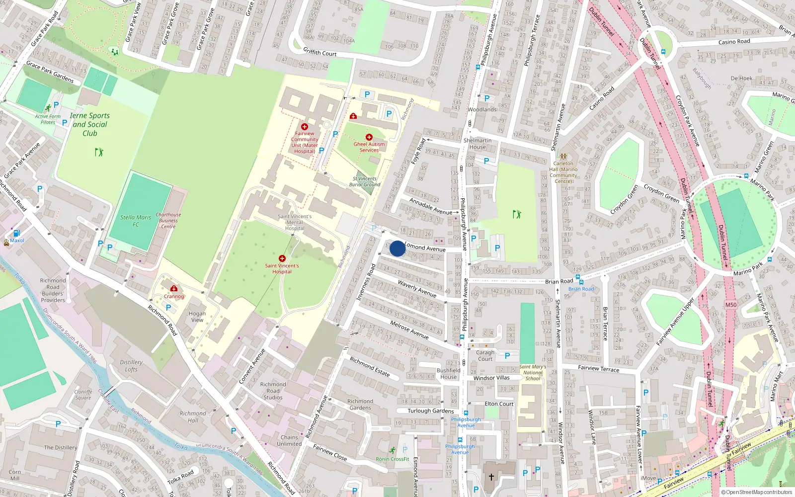 Overhead map showing the location of 14 Lomond Avenue, Dublin 3