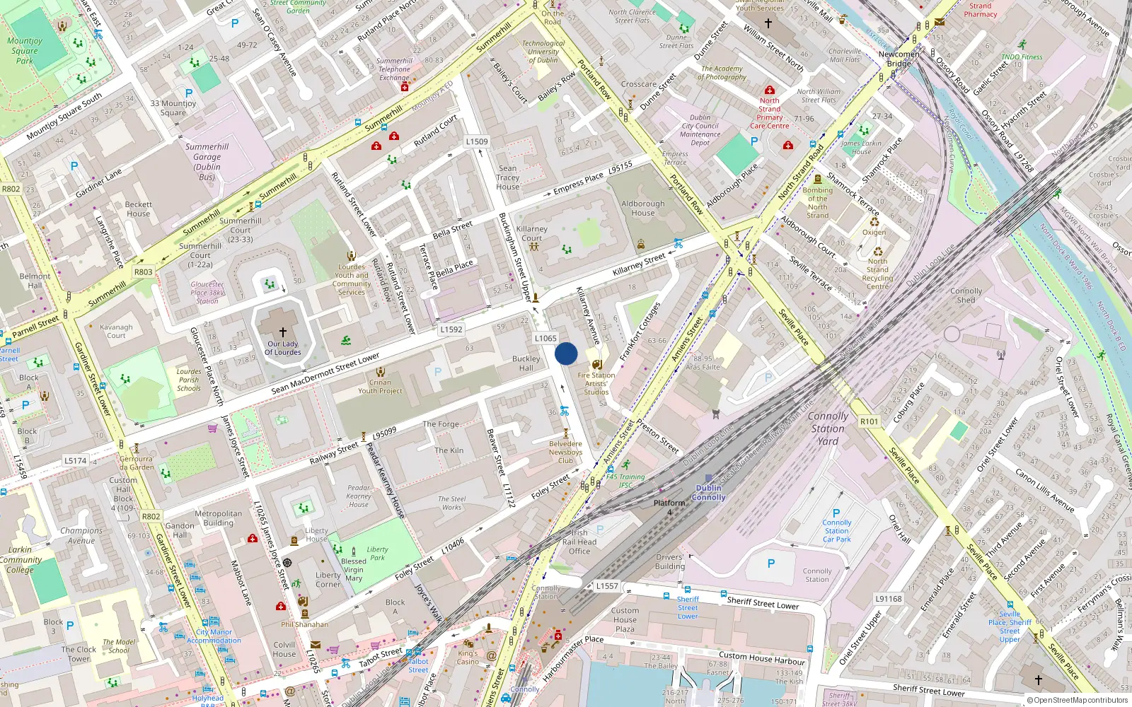 Overhead map showing the location of 14 Lower Buckingham Street, Apt 1, Dublin 1