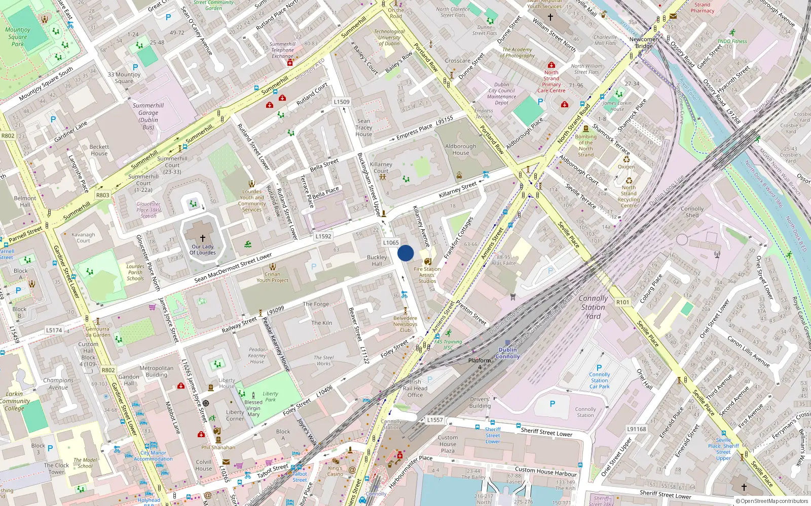 Overhead map showing the location of 14 Buckingham Street Lower, Dublin 1