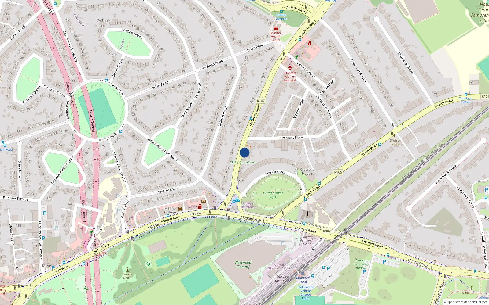 Overhead map showing the location of 14 Malahide Road, Dublin 3