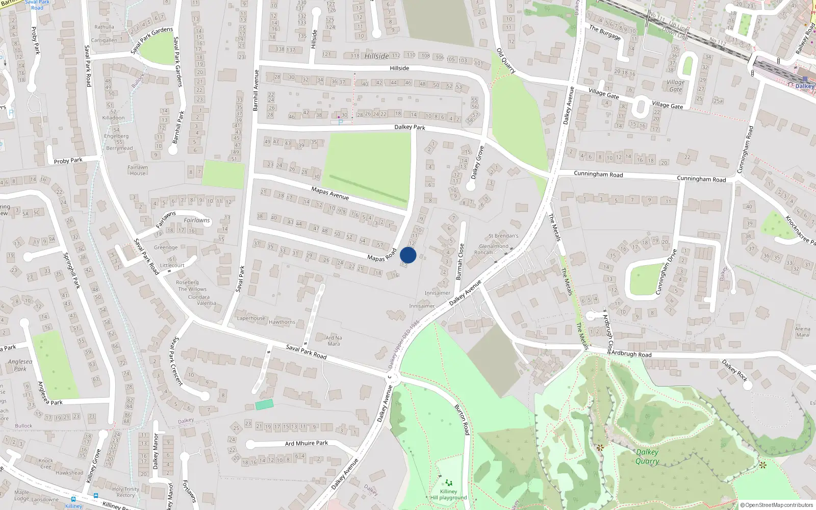 Overhead map showing the location of 14 Mapas Road, Dalkey