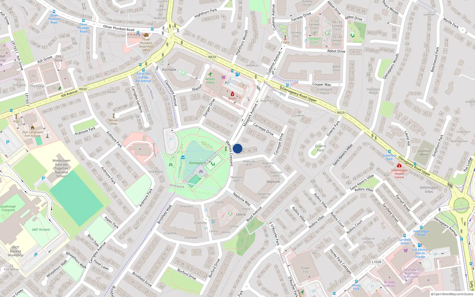 Overhead map showing the location of 14 Marconi Crescent, Dun Laoghaire