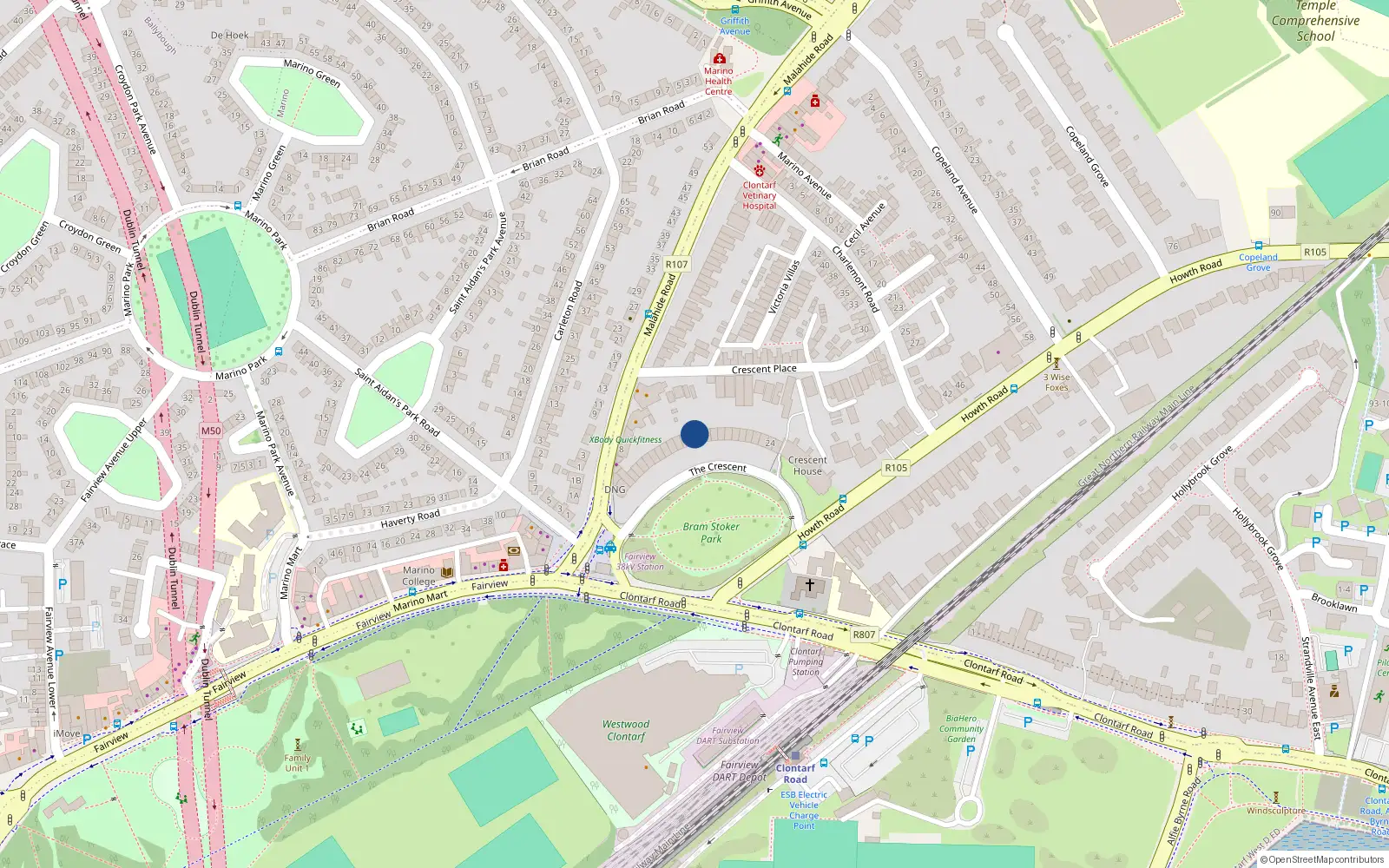 Overhead map showing the location of 14 Marino Crescent, Dublin 3