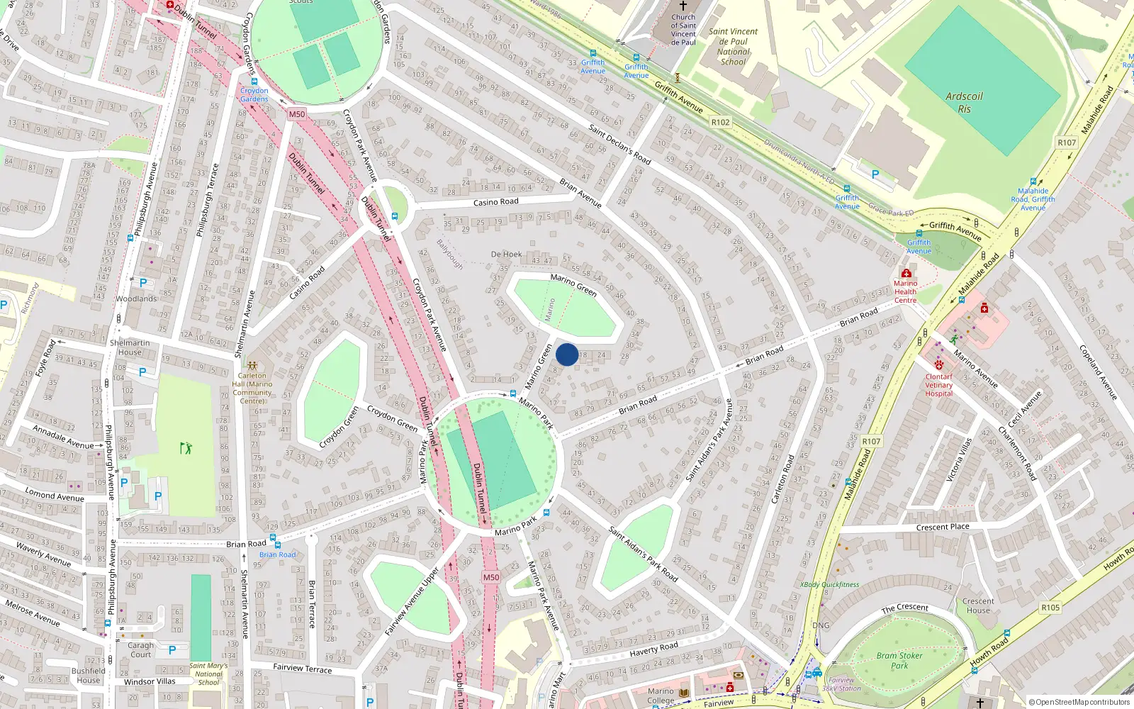 Overhead map showing the location of 14 Marino Green, Dublin 3