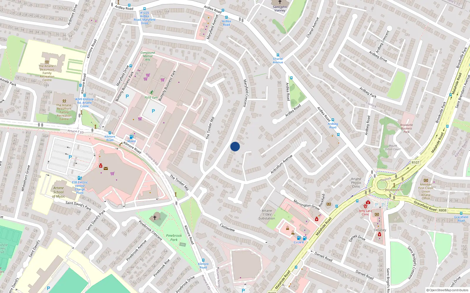 Overhead map showing the location of 14 Maryfield Crescent, Artane, Dublin 5