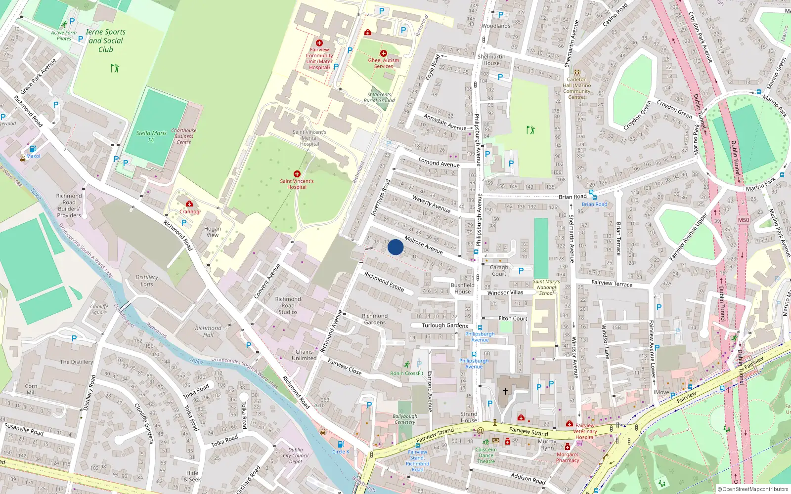 Overhead map showing the location of 14 Melrose Avenue, Fairview, Dublin 3