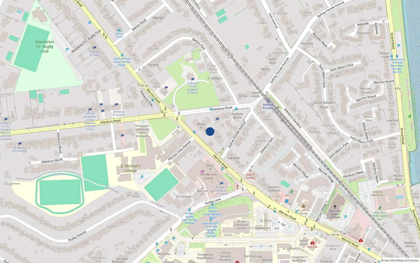 Overhead map showing the location of 14 Merrion Court, Ailesbury Road, Dublin 4