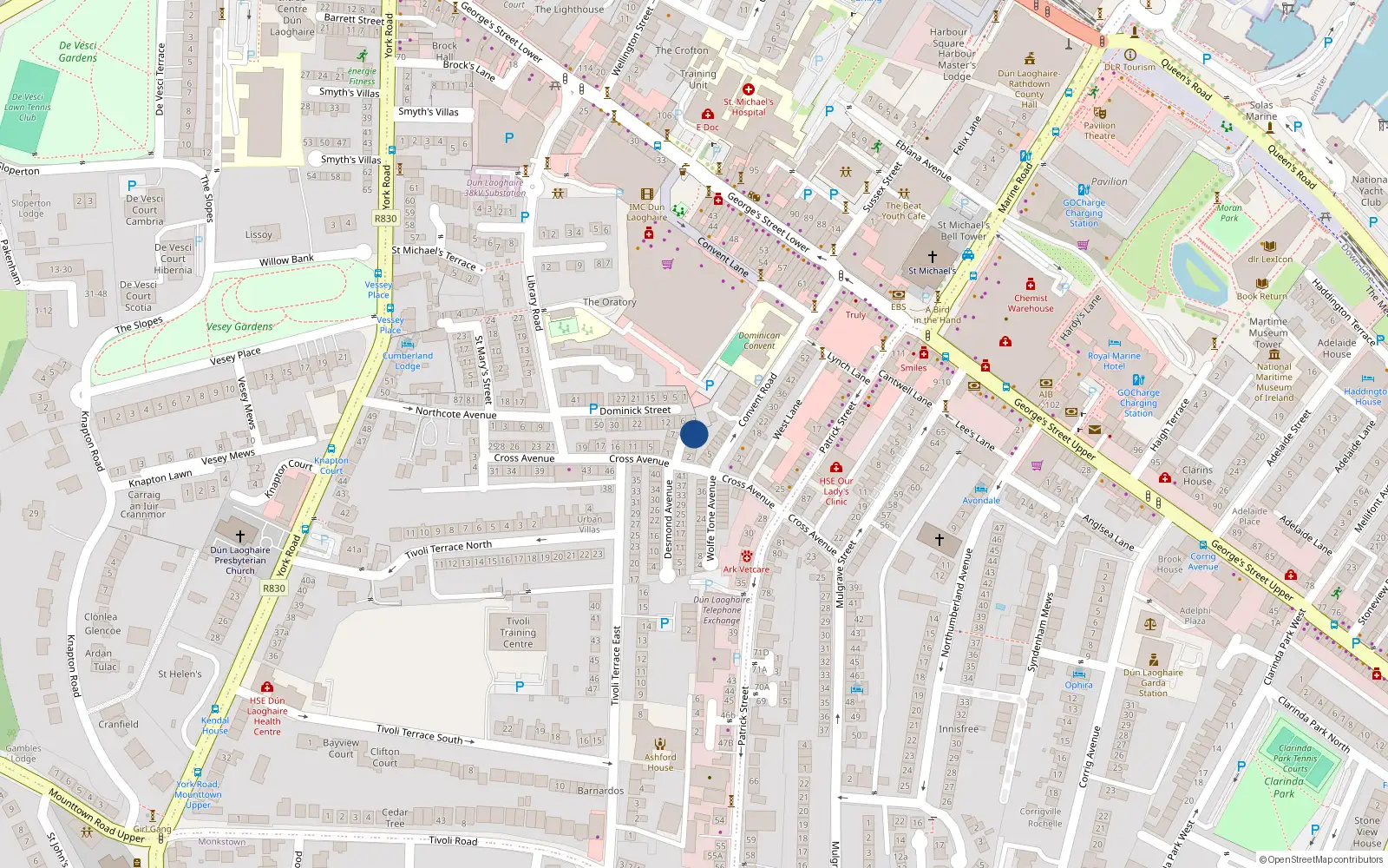 Overhead map showing the location of 14 Mills St, Dun Laoghaire, Dublin