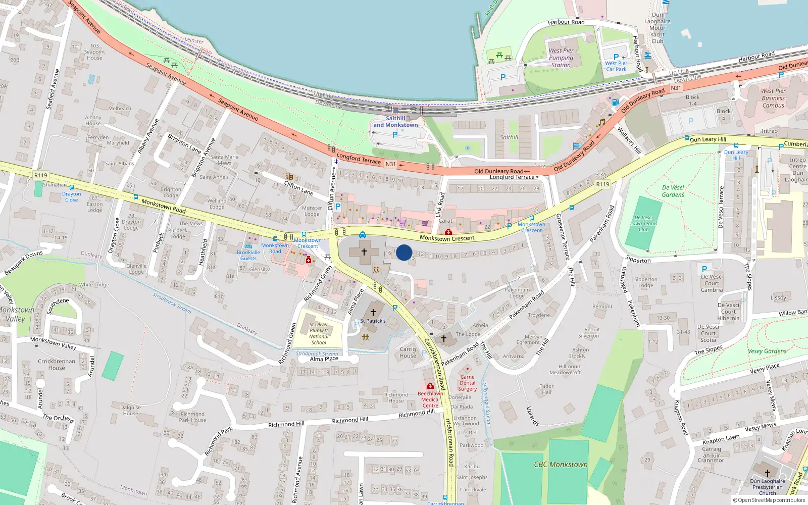 Overhead map showing the location of 14 Monkstown Crescent, Monkstown