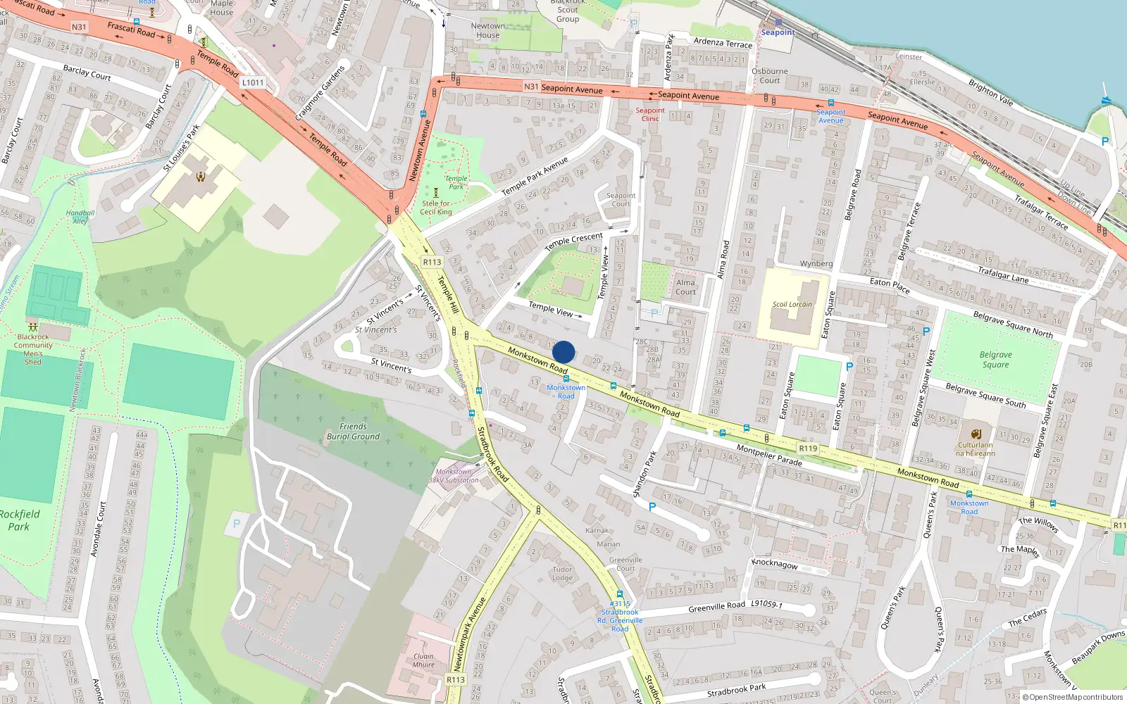 Overhead map showing the location of 14 Monkstown Road, Monkstown