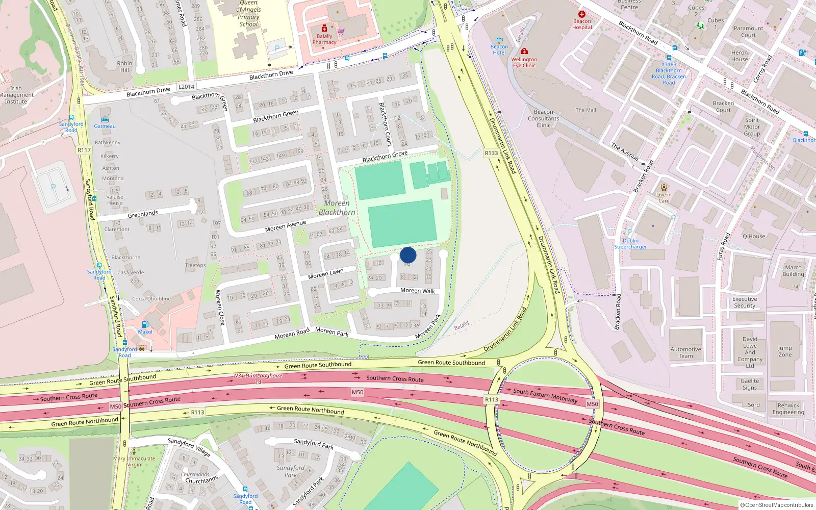 Overhead map showing the location of 14 Moreen Walk, Dublin 16