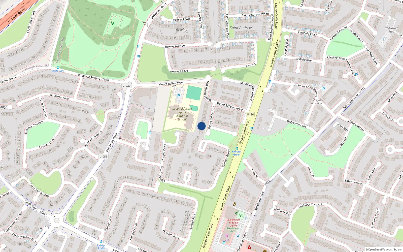 Overhead map showing the location of 14 Mount Bellew Rise, Lucan, Dublin