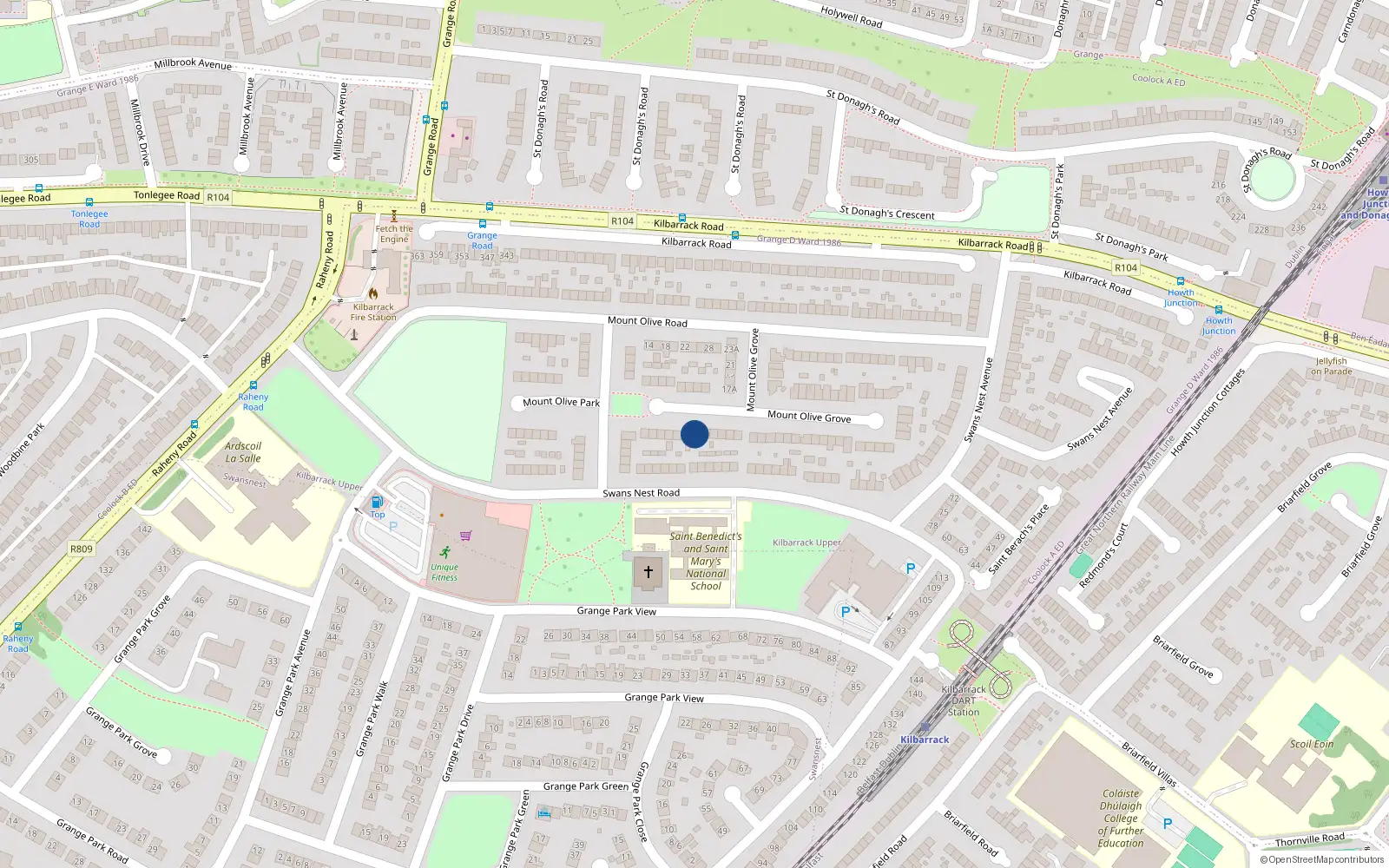 Overhead map showing the location of 14 Mount Olive Grove, Kilbarrack, Dublin 5