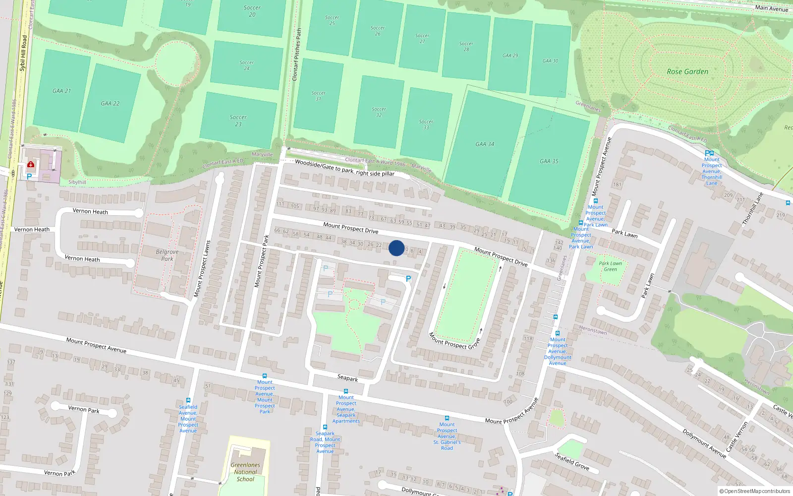 Overhead map showing the location of 14 Mount Prospect Drive, Clontarf, Dublin 3