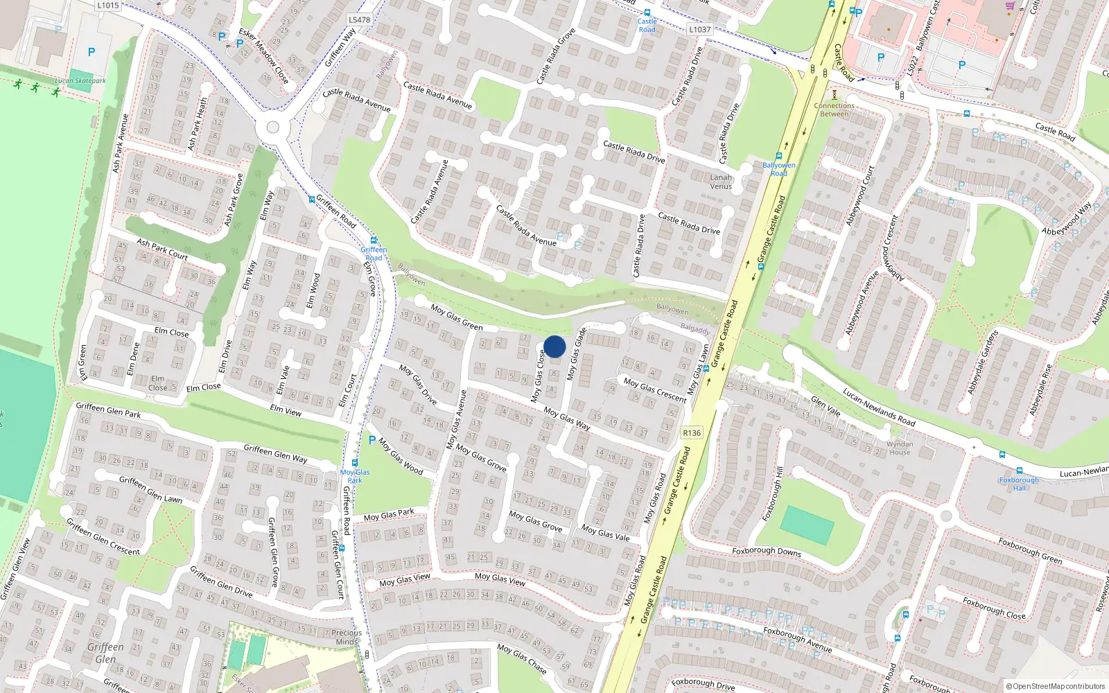 Overhead map showing the location of 14 Moy Glas Close, Griffeen Valley, Lucan