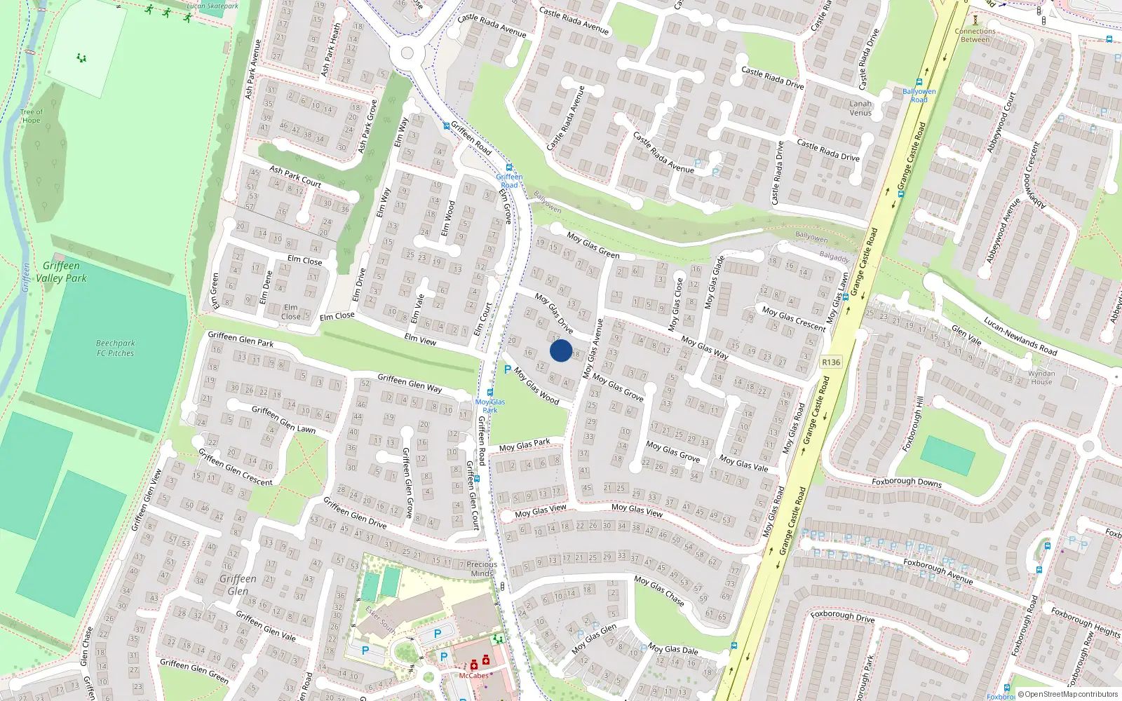 Overhead map showing the location of 14 Moy Glas Drive, Griffeen Road, Lucan