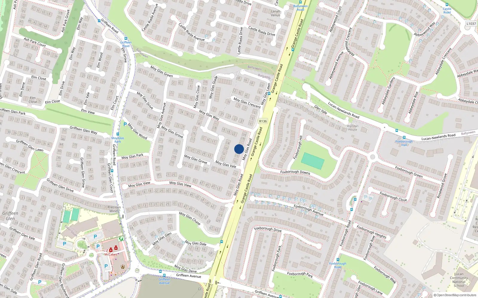 Overhead map showing the location of 14 Moy Glas Road, Lucan
