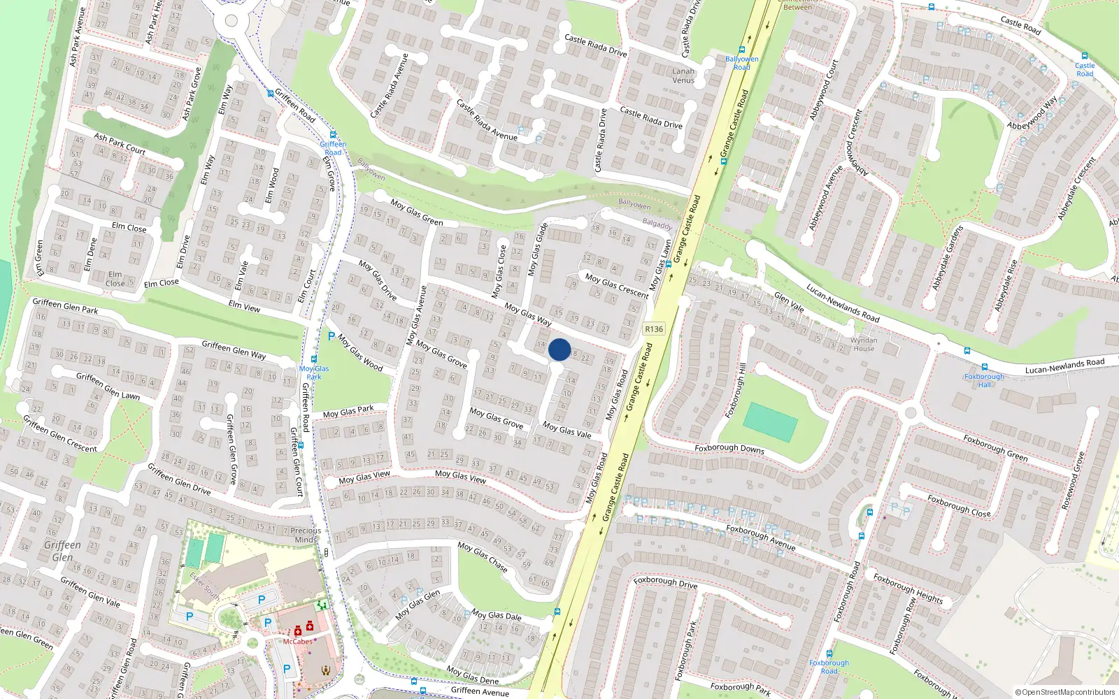 Overhead map showing the location of 14 Moy Glas Way, Lucan