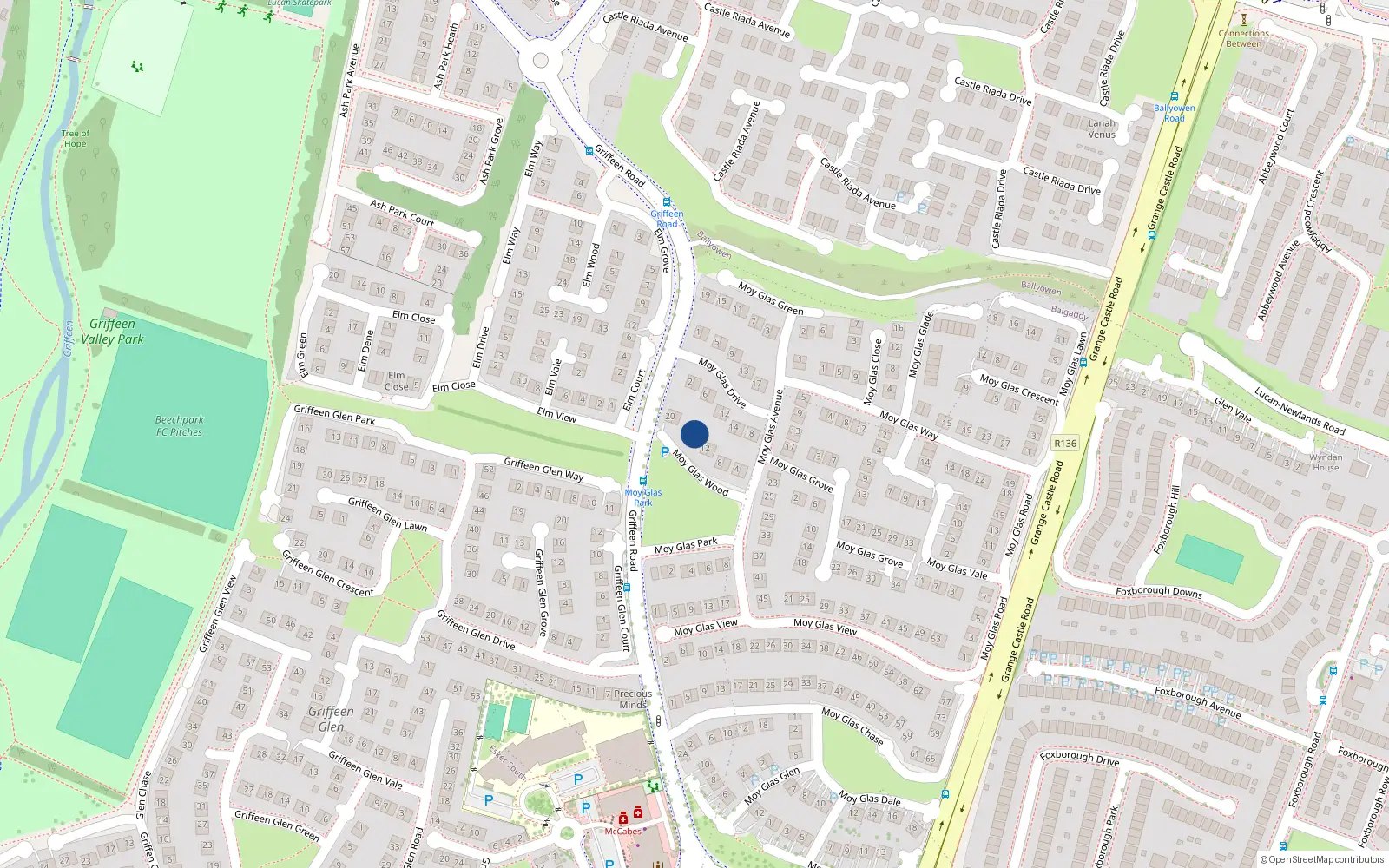 Overhead map showing the location of 14 Moy Glas Wood, Lucan, Dublin