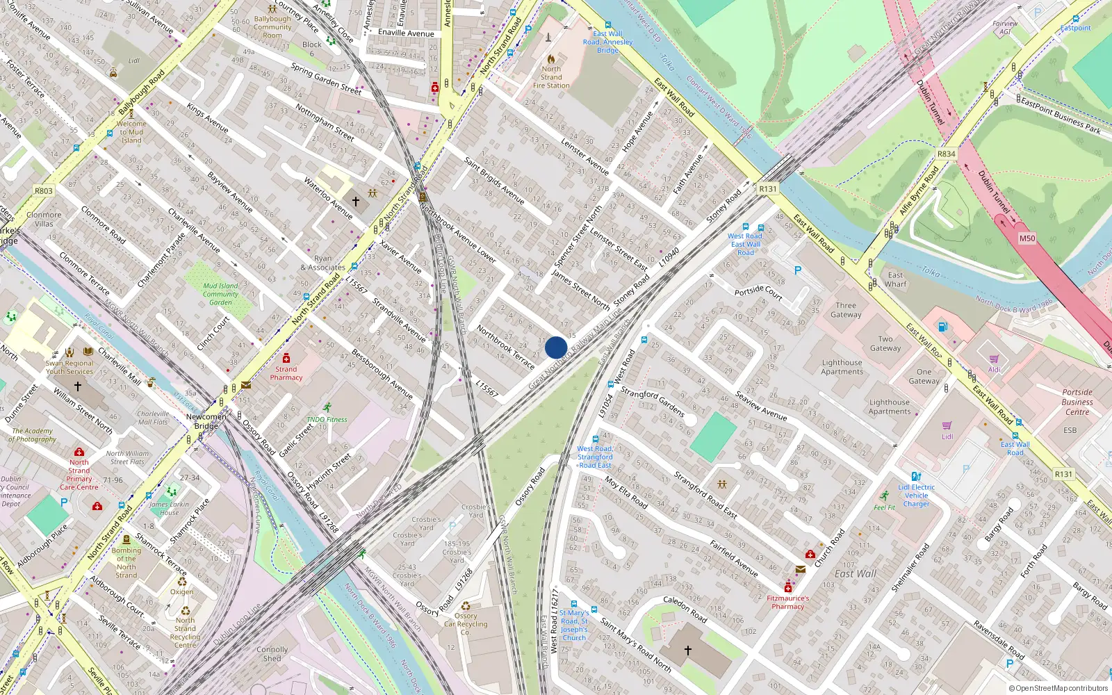 Overhead map showing the location of 14 Northbrook Avenue Upper, North Strand, Dublin 3