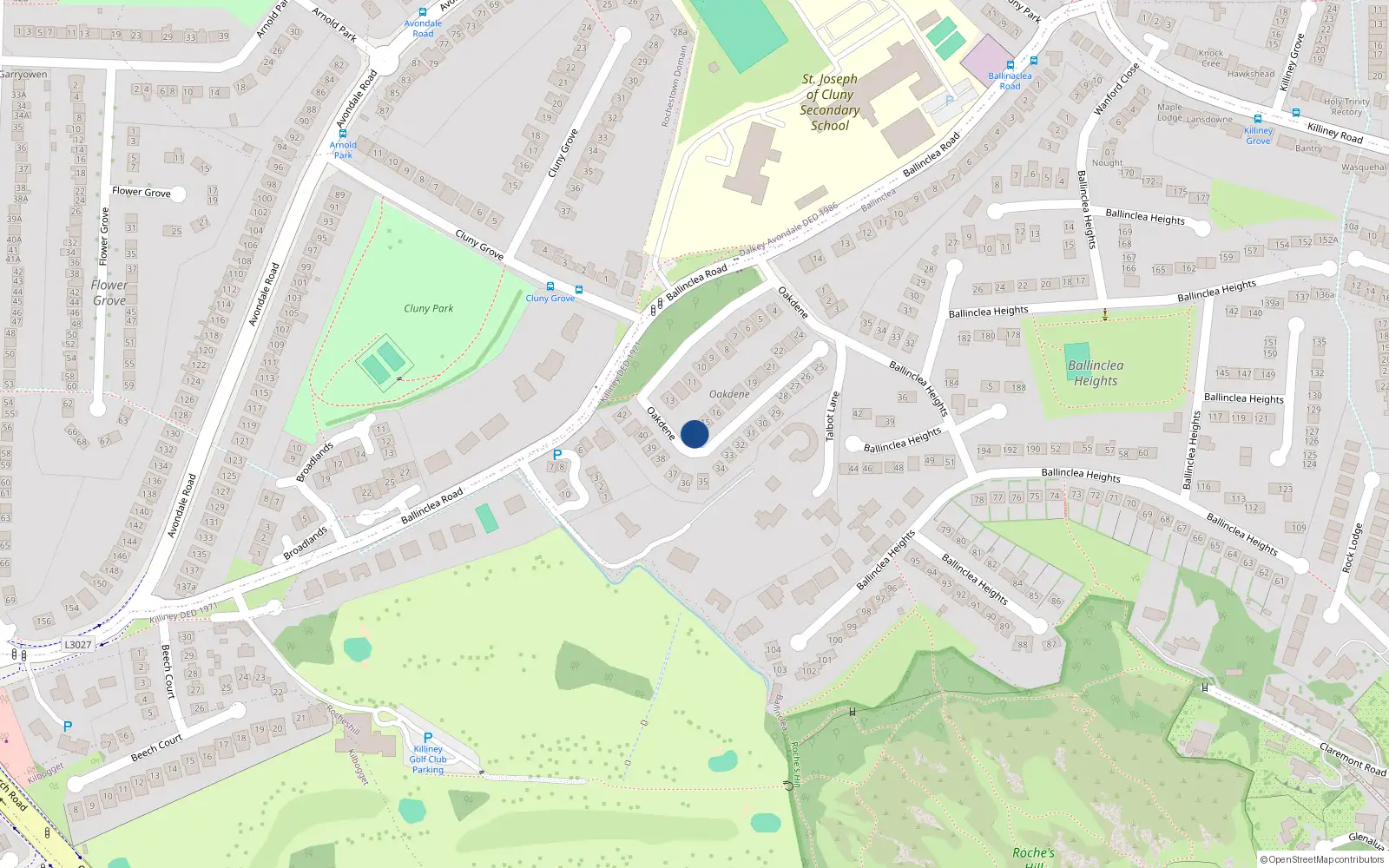 Overhead map showing the location of 14 Oakdene, Ballinclea Road, Killiney