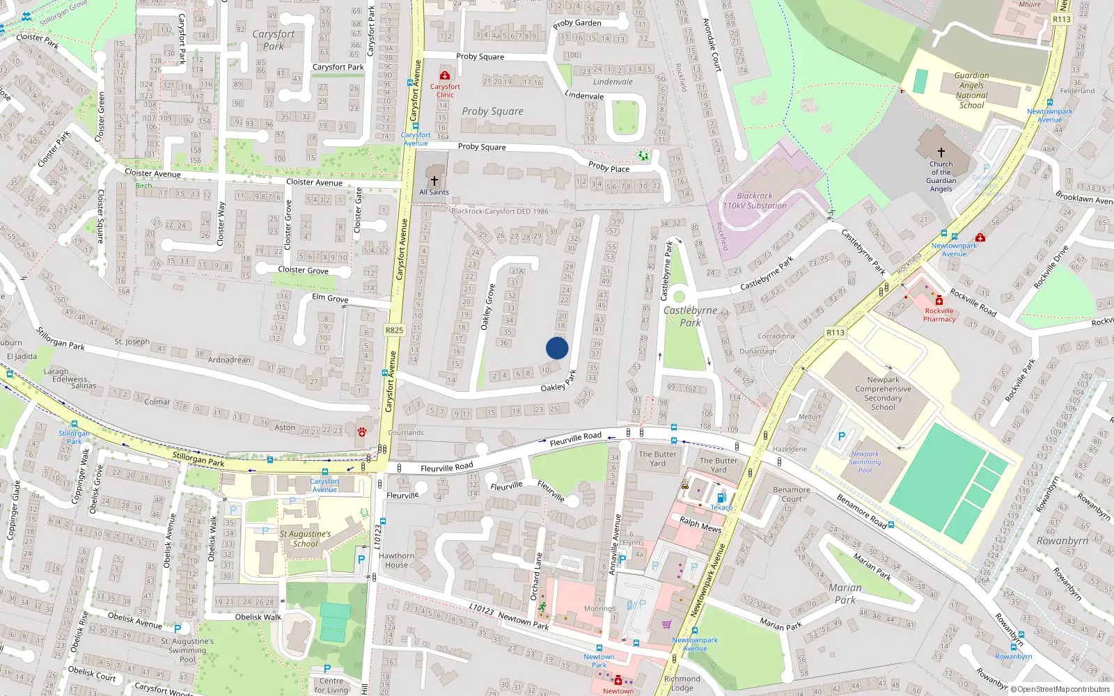 Overhead map showing the location of 14 Oakley Park, Blackrock, Dublin