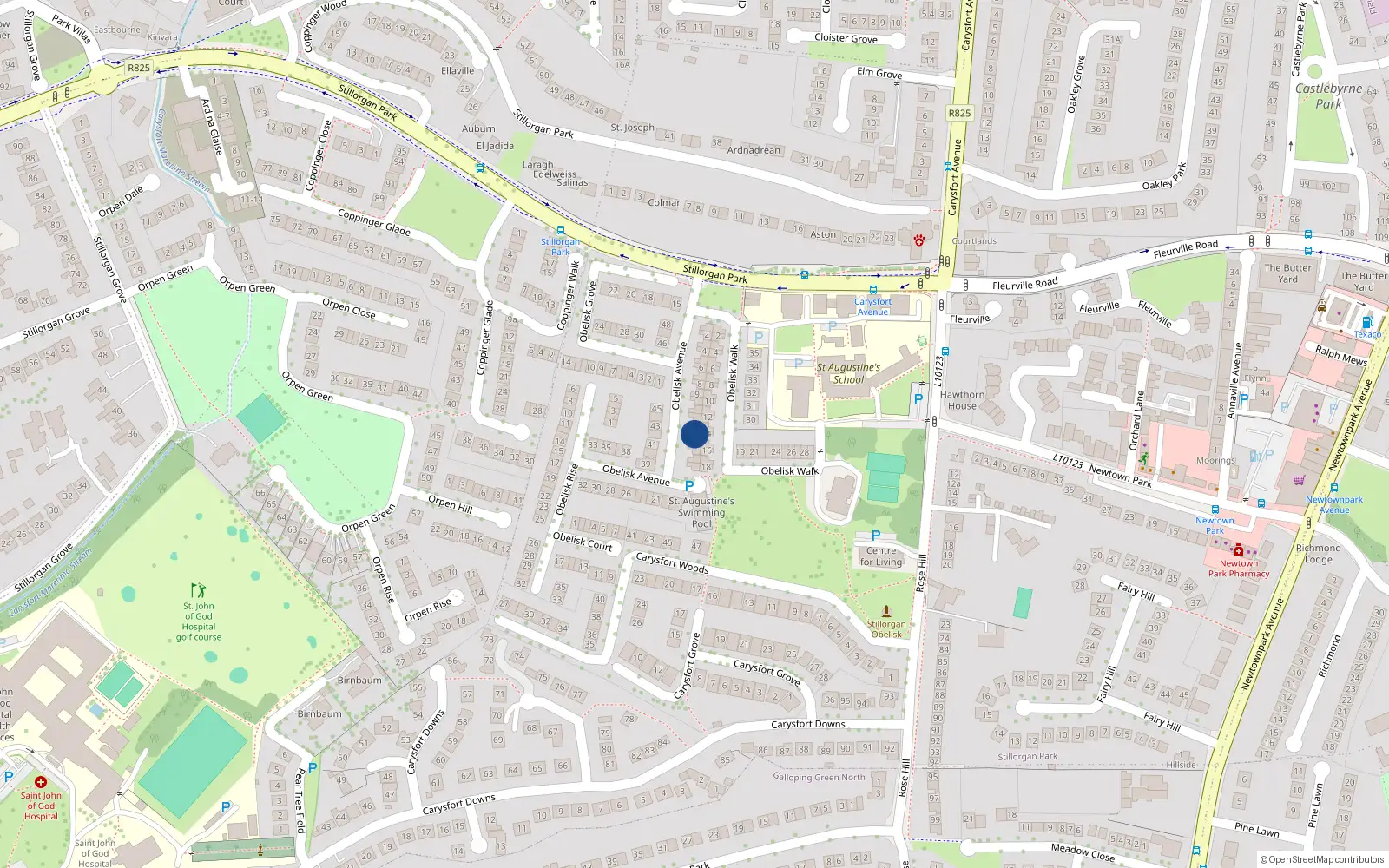 Overhead map showing the location of 14 Obelisk Avenue, Blackrock, Dublin