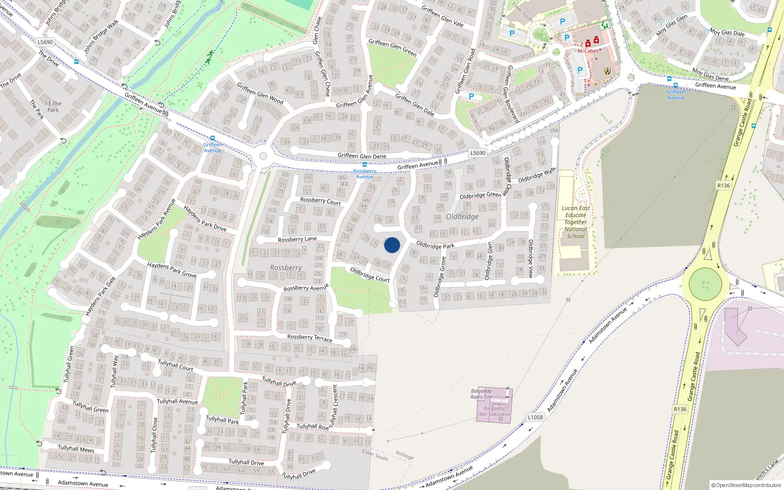 Overhead map showing the location of 14 Old Bridge Park, Griffeen Avenue, Lucan