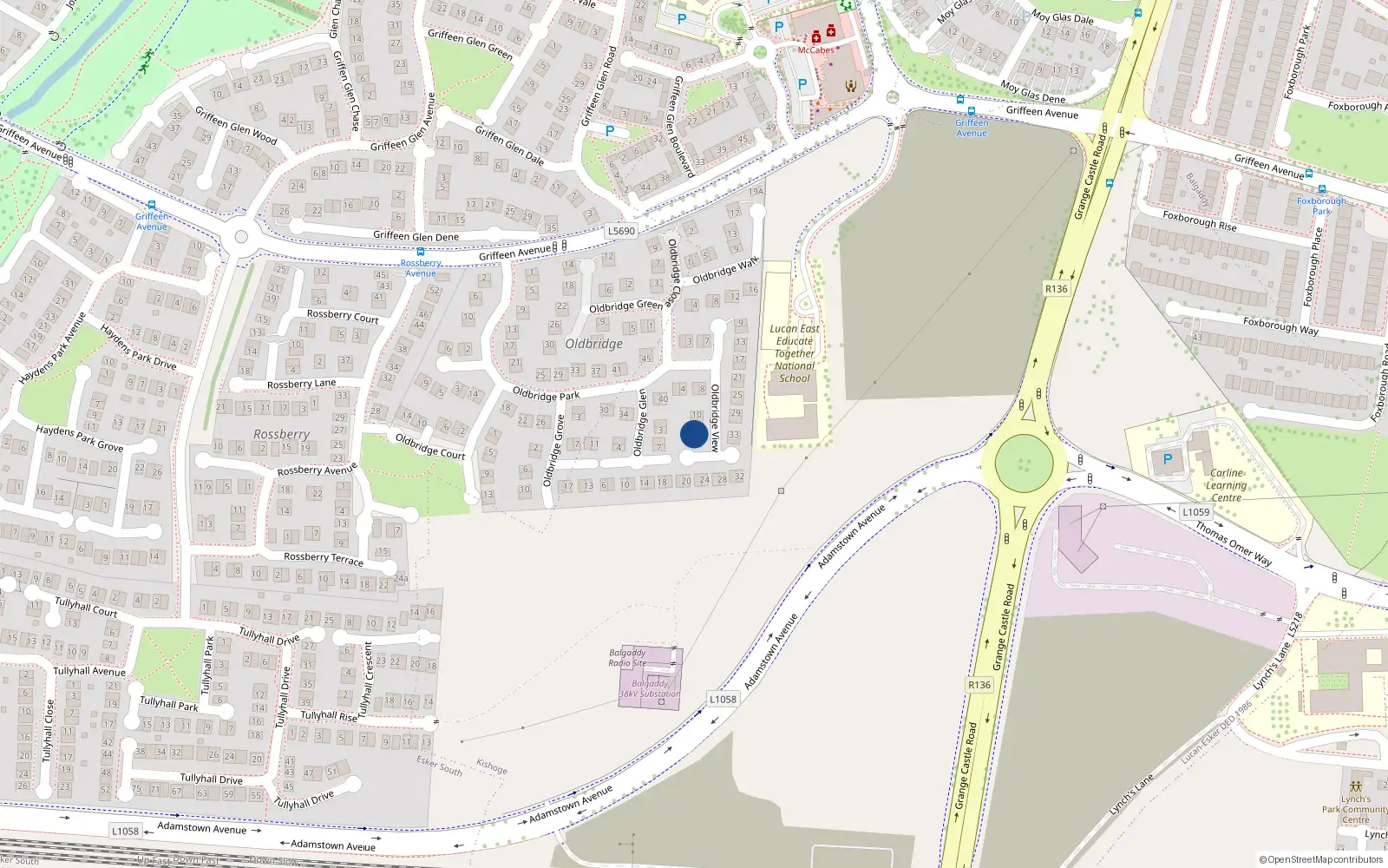 Overhead map showing the location of 14 Oldbridge View, Lucan