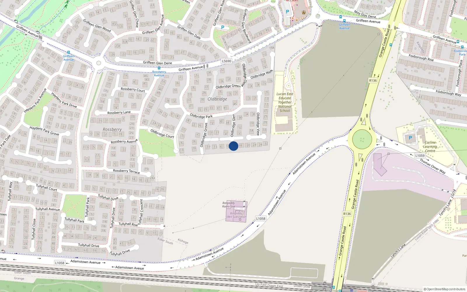 Overhead map showing the location of 14 Oldbridge Glen, Lucan