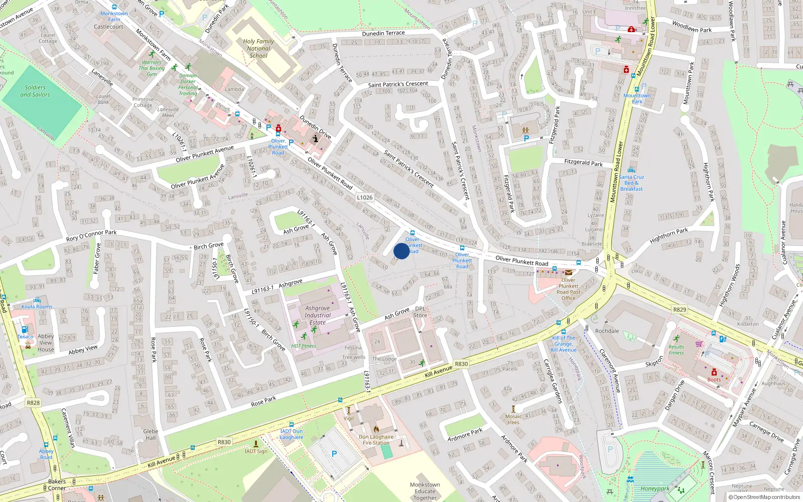 Overhead map showing the location of 14 Oliver Plunkett Square, Lansville