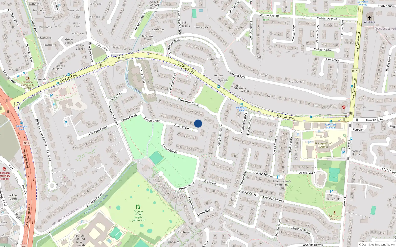 Overhead map showing the location of 14 Orpen Close, Blackrock