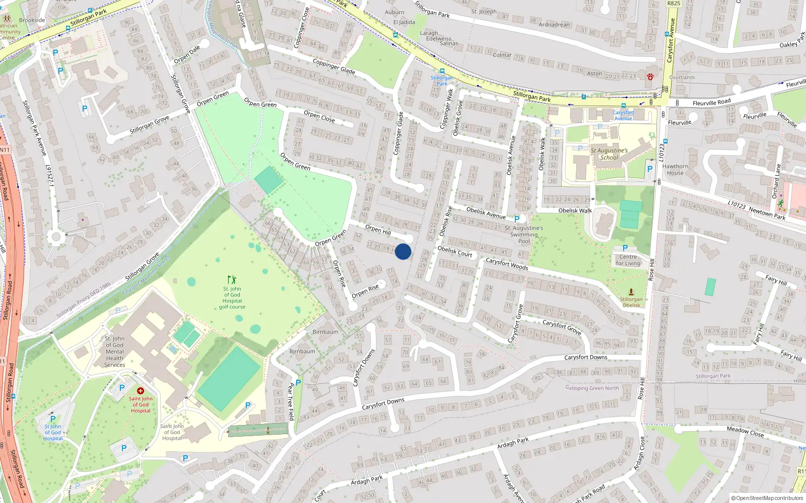 Overhead map showing the location of 14 Orphen Hill, Stillorgan Grove, Stillorgan