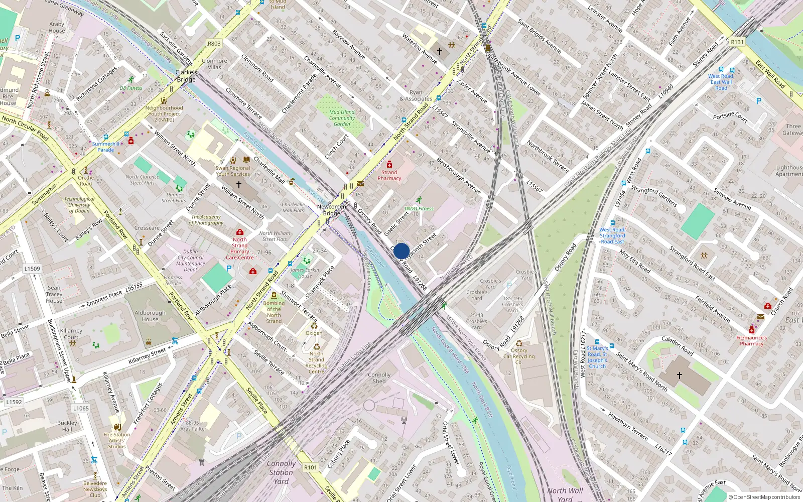 Overhead map showing the location of 14 Ossory Road, North Strand, Dublin 3