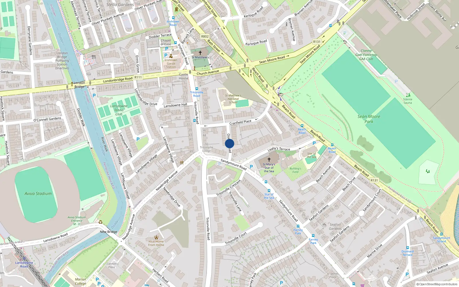 Overhead map showing the location of 14 Oswald Road, Irishtown